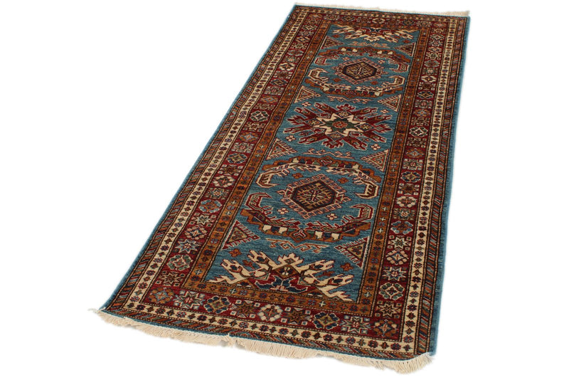 3x7 Light Blue and Red Kazak Tribal Runner