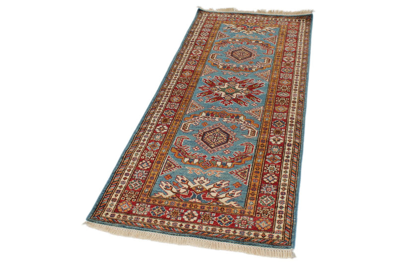 3x7 Light Blue and Red Kazak Tribal Runner