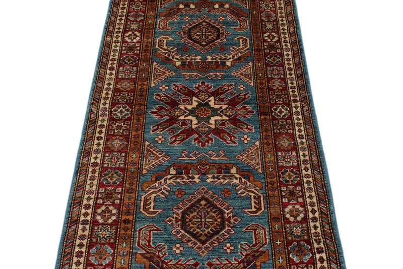 3x7 Light Blue and Red Kazak Tribal Runner