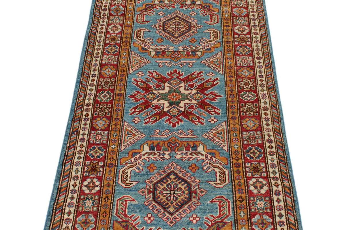 3x7 Light Blue and Red Kazak Tribal Runner