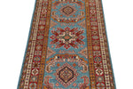 3x7 Light Blue and Red Kazak Tribal Runner