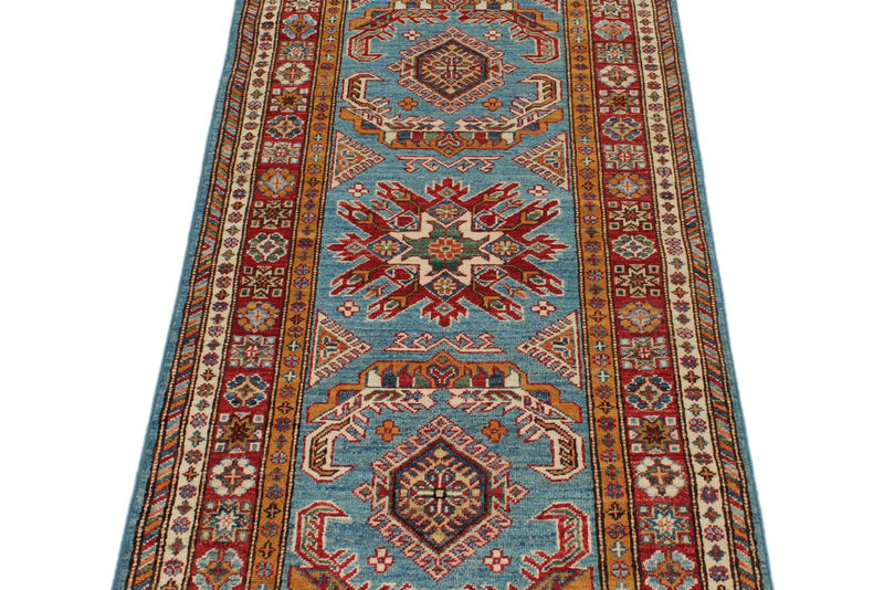 3x7 Light Blue and Red Kazak Tribal Runner