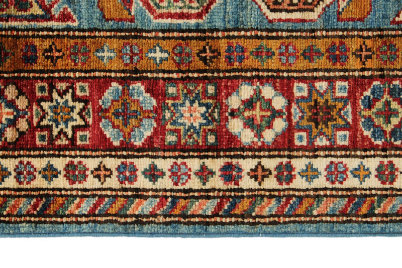 3x7 Light Blue and Red Kazak Tribal Runner