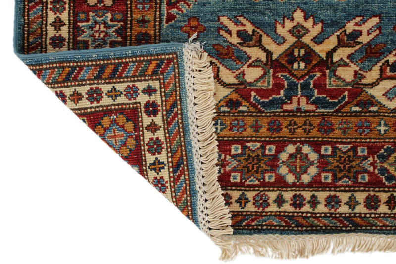 3x7 Light Blue and Red Kazak Tribal Runner