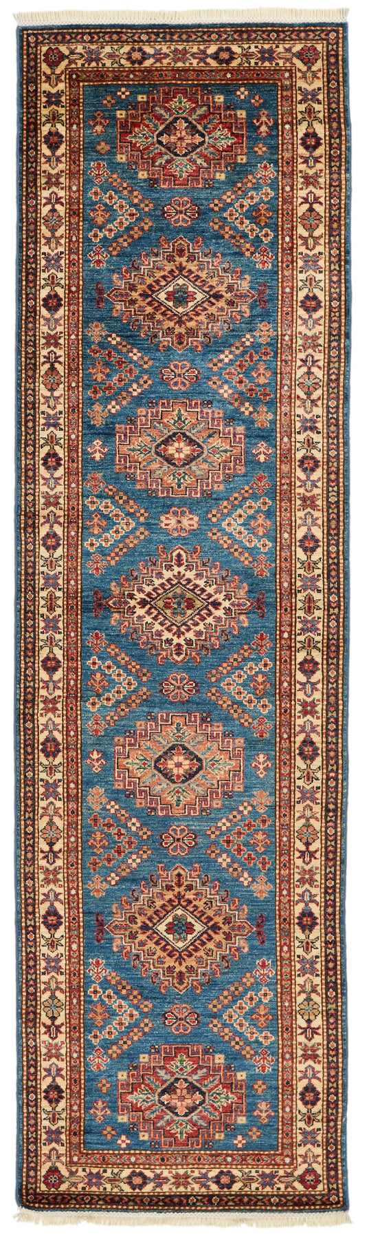 3x9 Light Blue and Ivory Kazak Tribal Runner