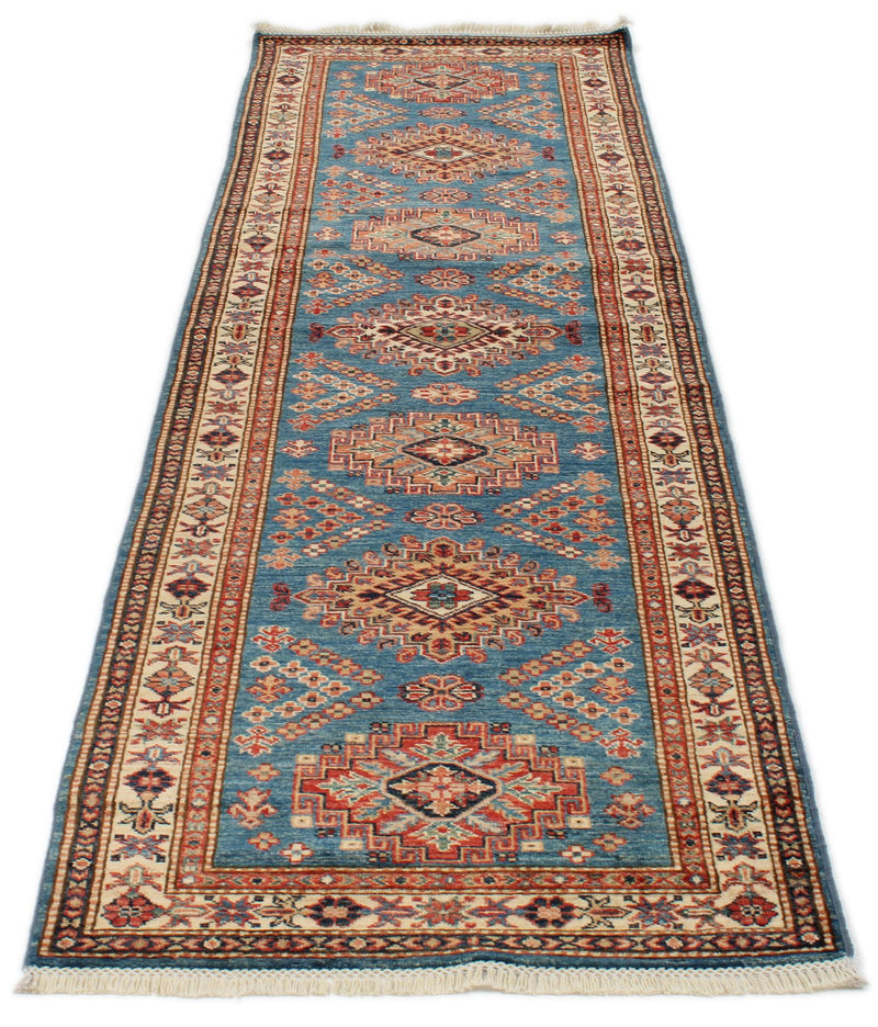 3x9 Light Blue and Ivory Kazak Tribal Runner