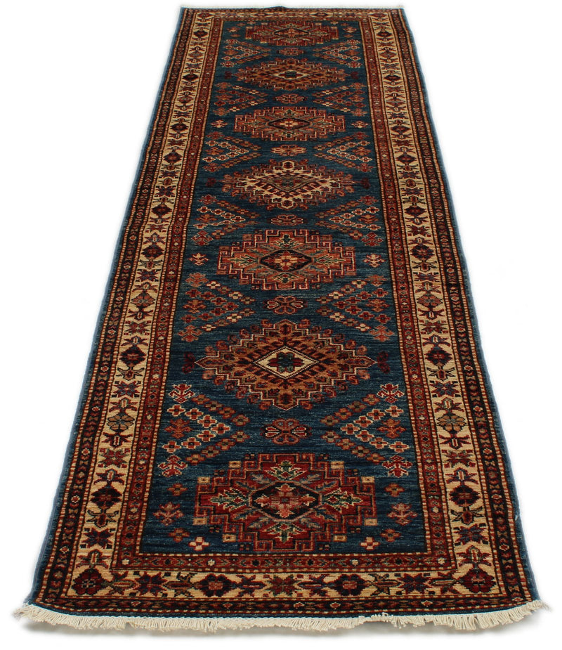 3x9 Light Blue and Ivory Kazak Tribal Runner