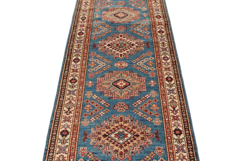 3x9 Light Blue and Ivory Kazak Tribal Runner