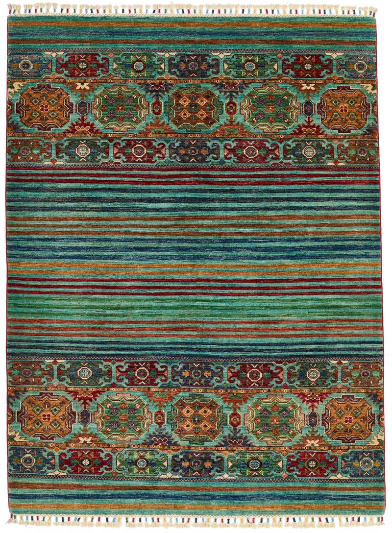 5x7 Green and Multicolor Tribal Rug