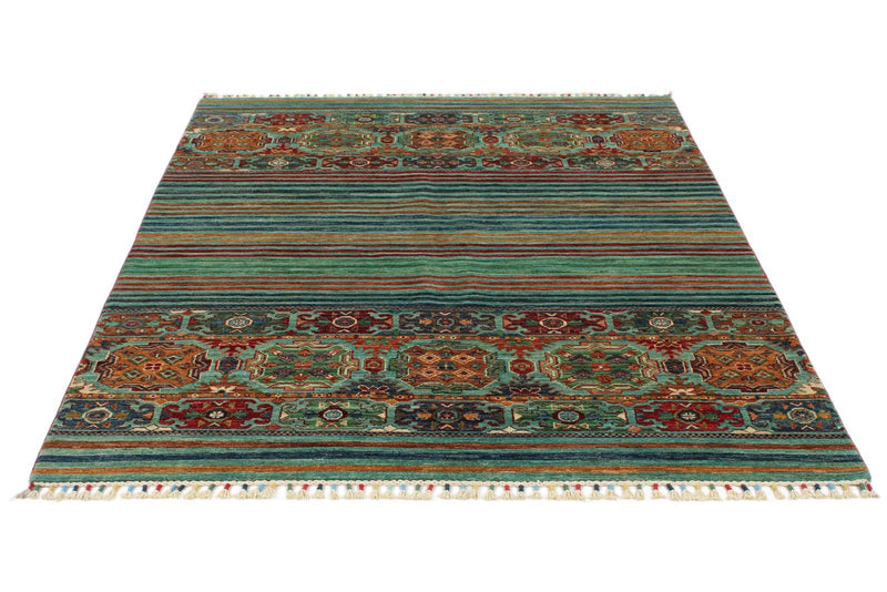 5x7 Green and Multicolor Tribal Rug