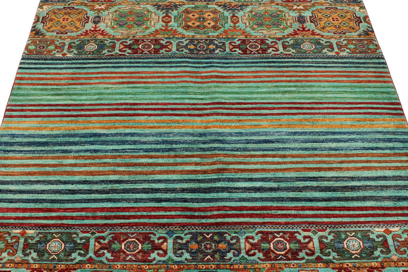 5x7 Green and Multicolor Tribal Rug