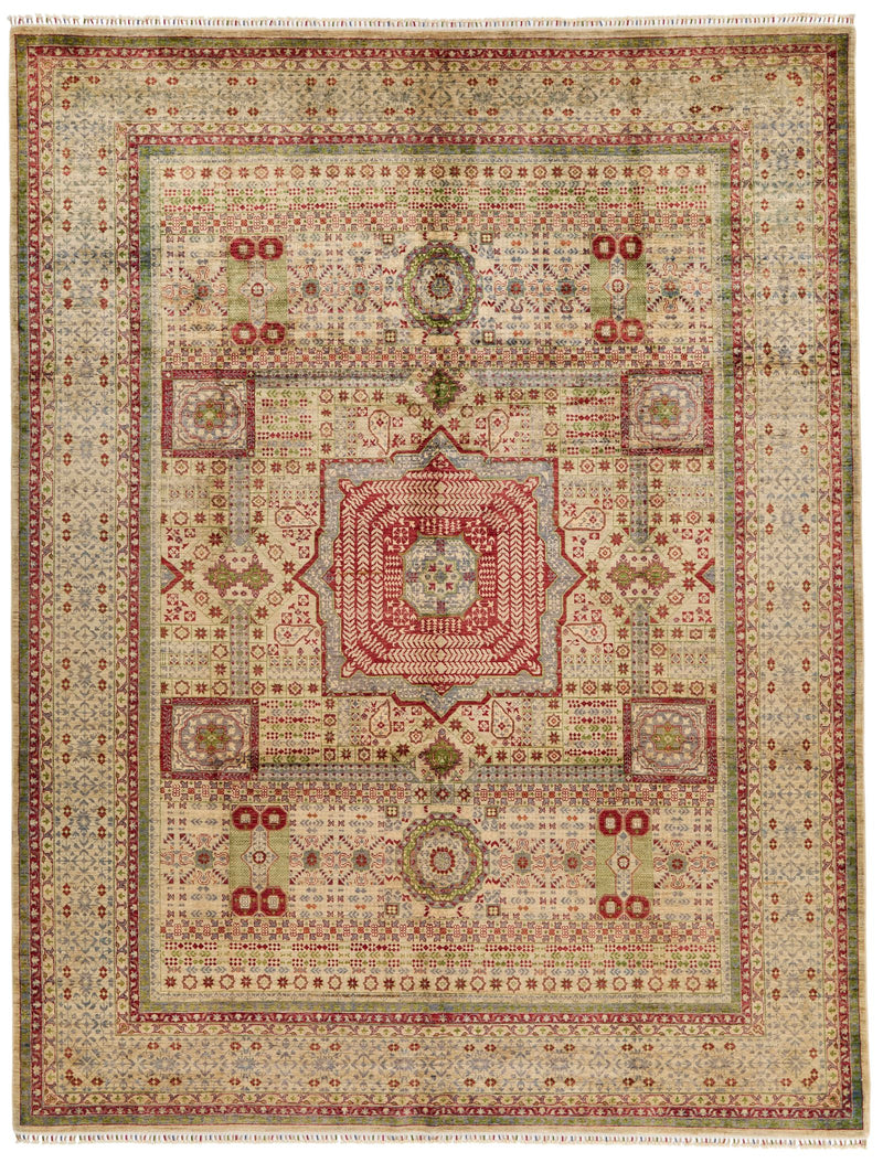 9x12 Ivory and Multicolor Turkish Tribal Rug