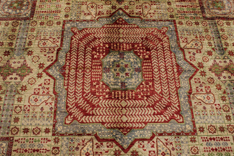 9x12 Ivory and Multicolor Turkish Tribal Rug