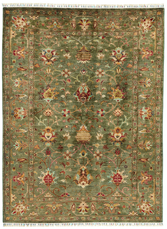 6x8 Green and Multicolor Turkish Tribal Rug
