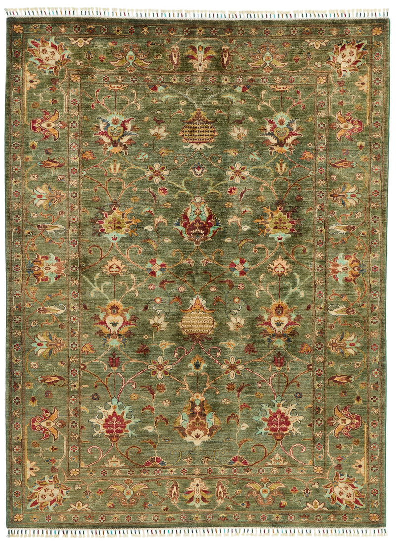 6x8 Green and Multicolor Turkish Tribal Rug