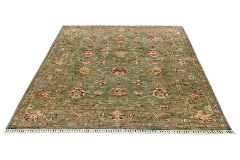 6x8 Green and Multicolor Turkish Tribal Rug