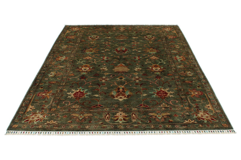 6x8 Green and Multicolor Turkish Tribal Rug