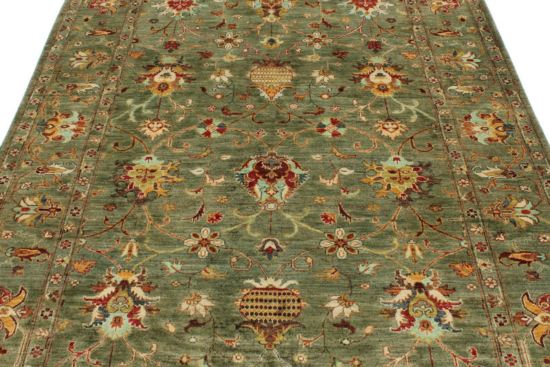 6x8 Green and Multicolor Turkish Tribal Rug