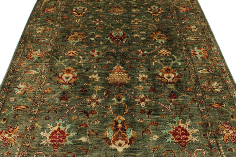 6x8 Green and Multicolor Turkish Tribal Rug