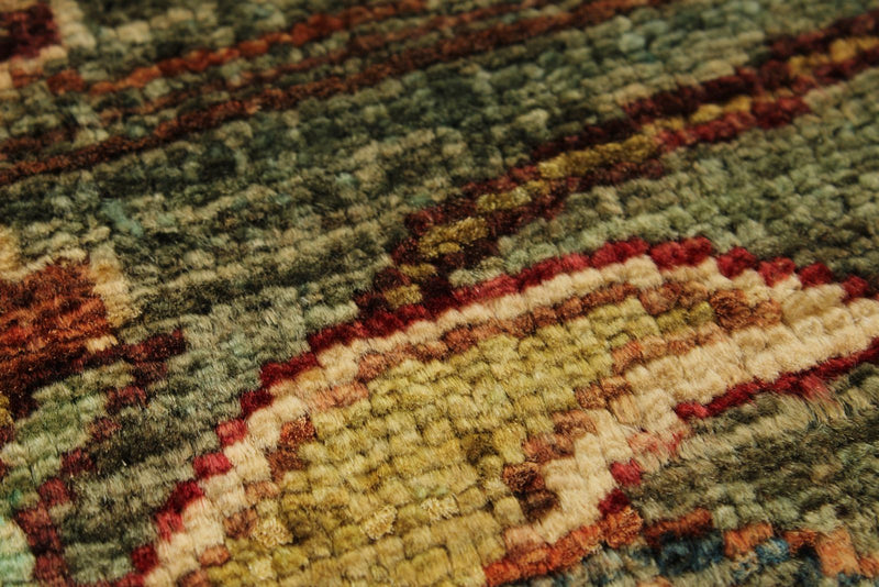 6x8 Green and Multicolor Turkish Tribal Rug
