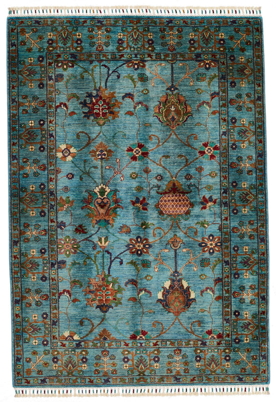 4x6 Light Blue and Multicolor Turkish Tribal Rug