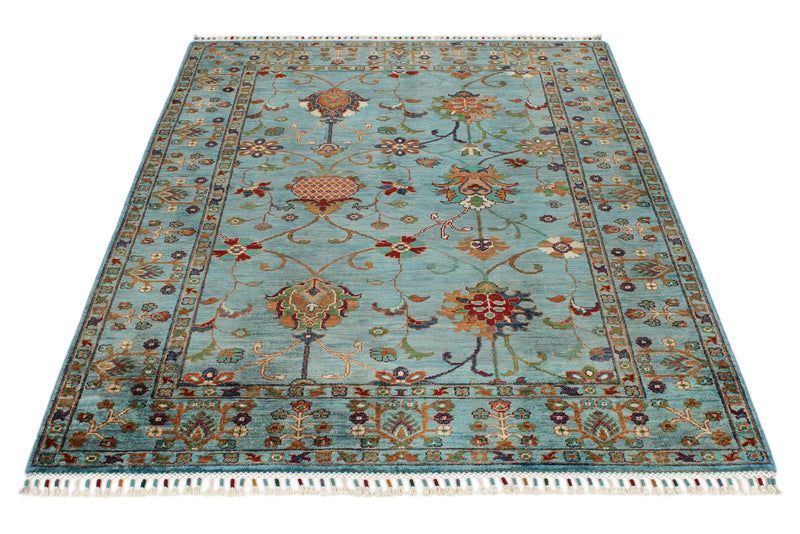 4x6 Light Blue and Multicolor Turkish Tribal Rug