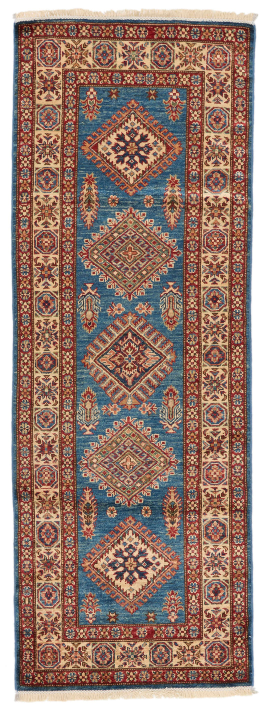 3x8 Light Blue and Ivory Kazak Tribal Runner