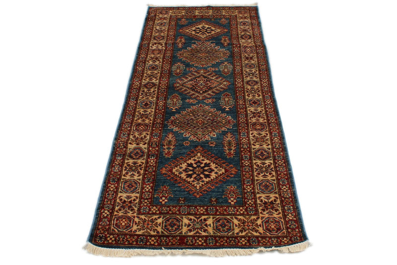 3x8 Light Blue and Ivory Kazak Tribal Runner