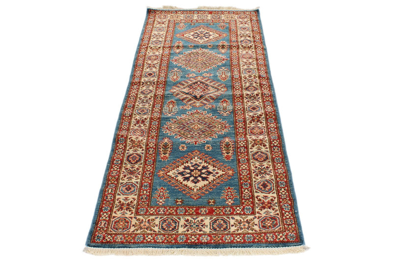 3x8 Light Blue and Ivory Kazak Tribal Runner