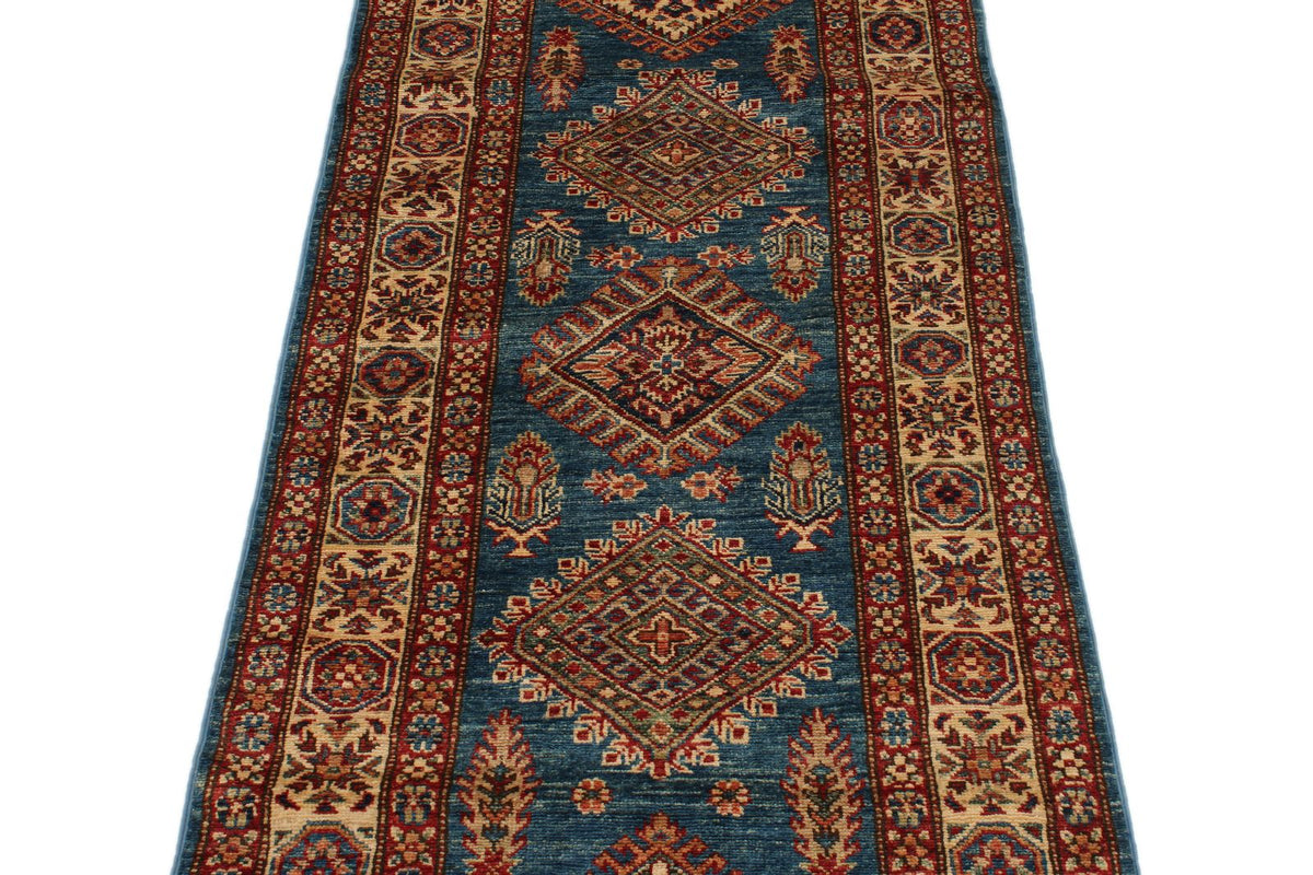 3x8 Light Blue and Ivory Kazak Tribal Runner