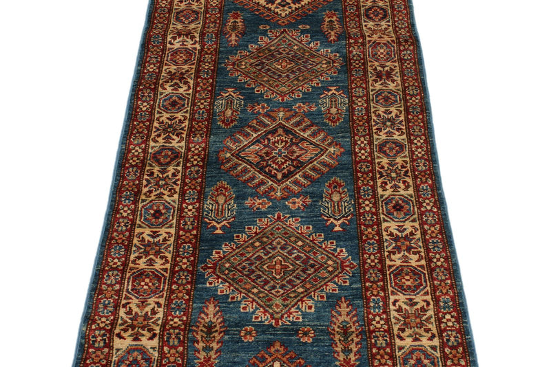 3x8 Light Blue and Ivory Kazak Tribal Runner