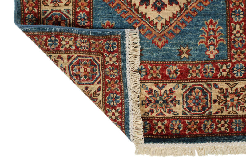 3x8 Light Blue and Ivory Kazak Tribal Runner