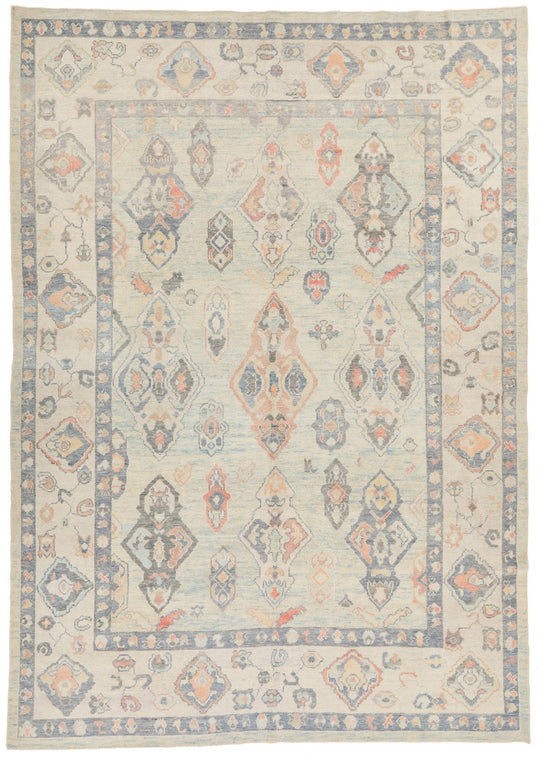 9x13 Light Blue and Beige Turkish Oushak Rug