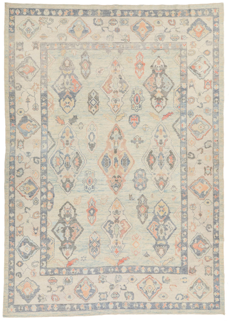 9x13 Light Blue and Beige Turkish Oushak Rug