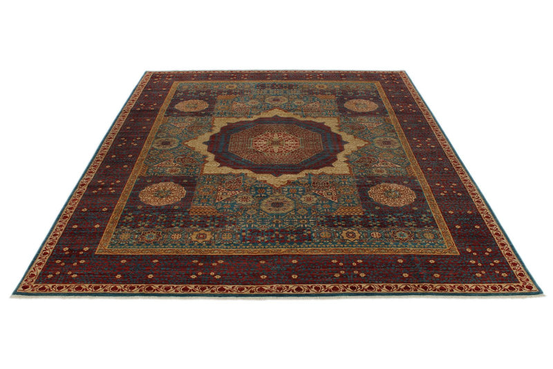 9x12 Light Blue and Multicolor Turkish Tribal Rug