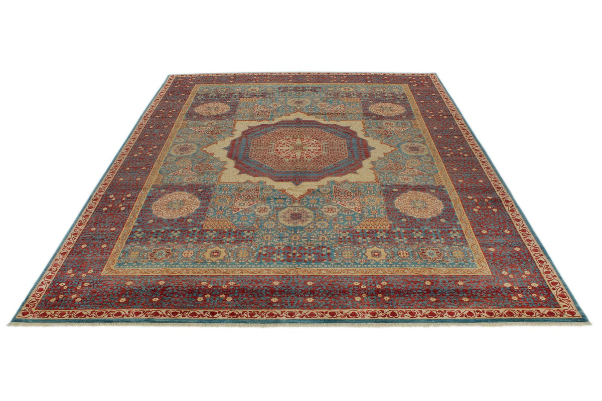 9x12 Light Blue and Multicolor Turkish Tribal Rug