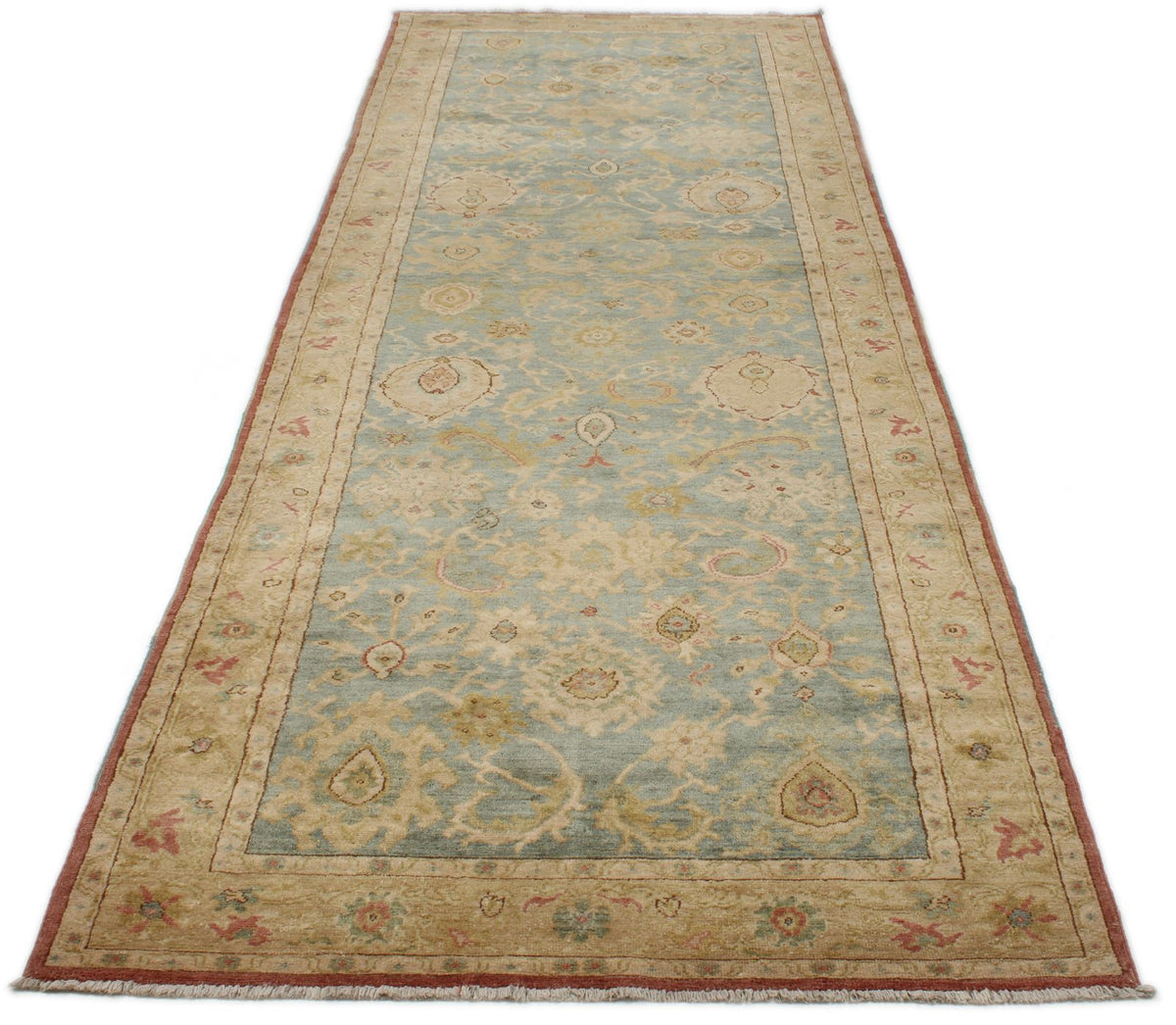 4x12 Green and Beige Turkish Traditional Runner