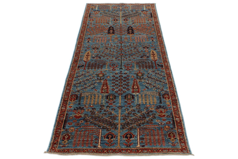 3x8 Light Blue and Rust Traditional Runner