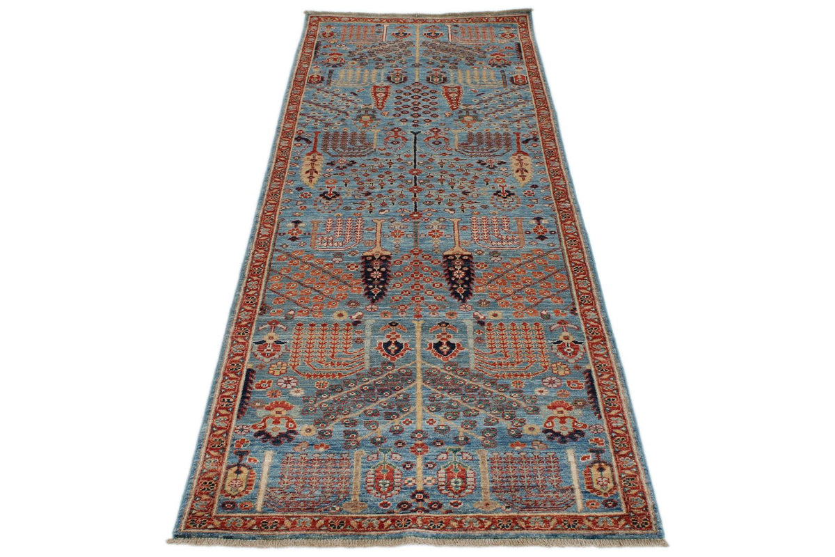 3x8 Light Blue and Rust Traditional Runner
