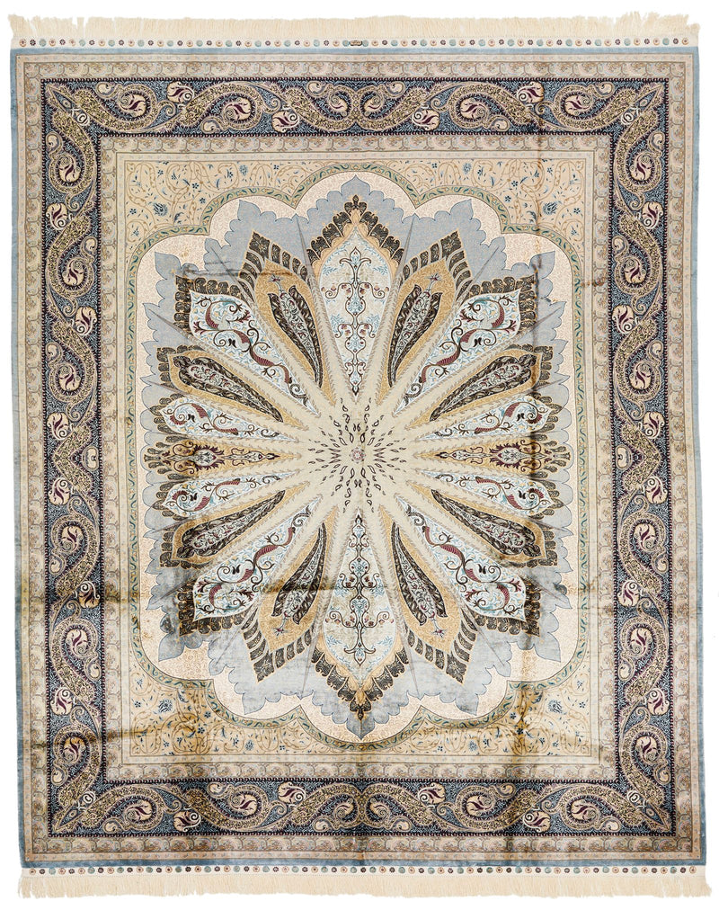 8x10 Light Green and Navy Turkish Silk Rug