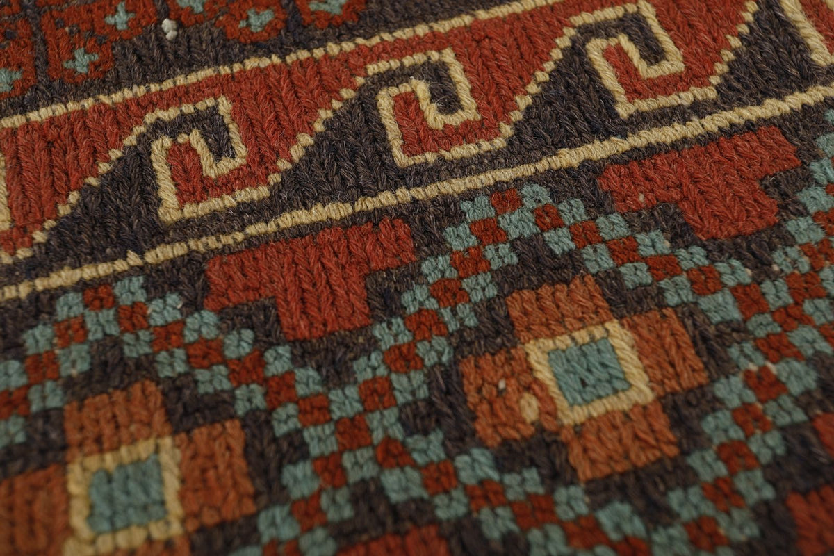 7x9 Brown and Red Turkish Patchwork Rug