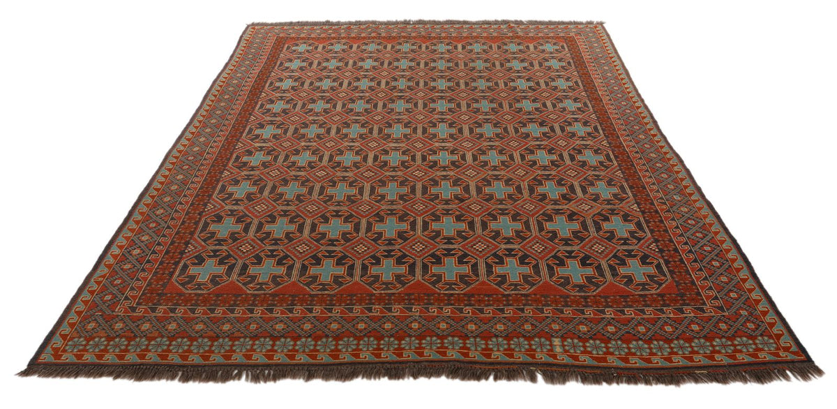 7x9 Brown and Red Turkish Patchwork Rug