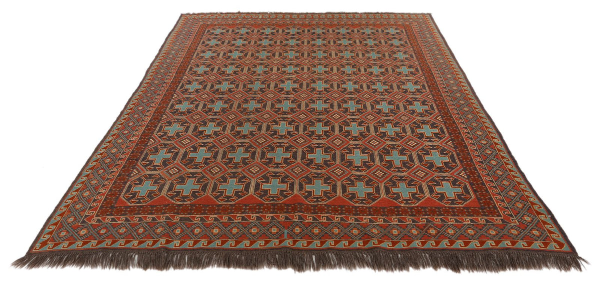7x9 Brown and Red Turkish Patchwork Rug