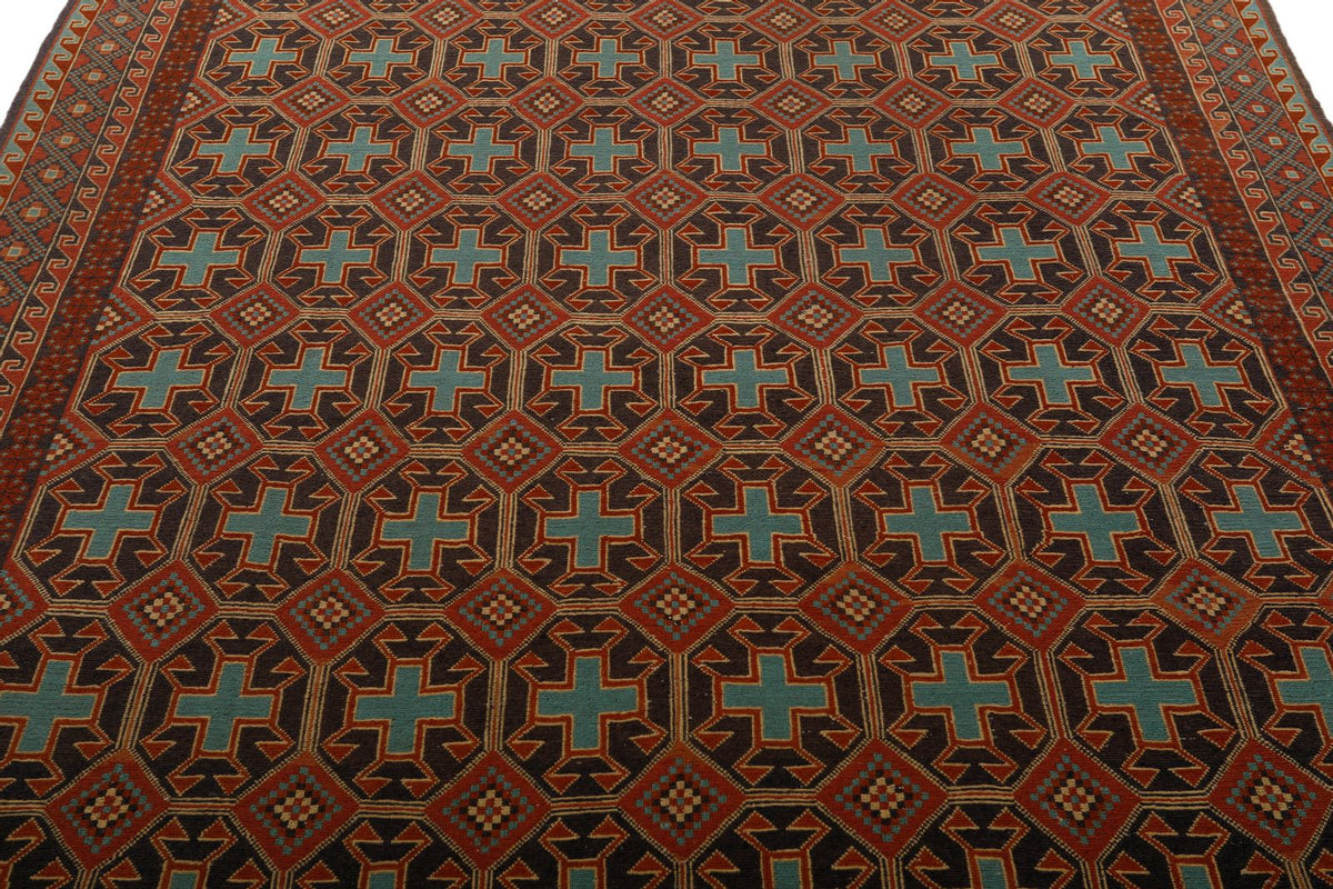 7x9 Brown and Red Turkish Patchwork Rug