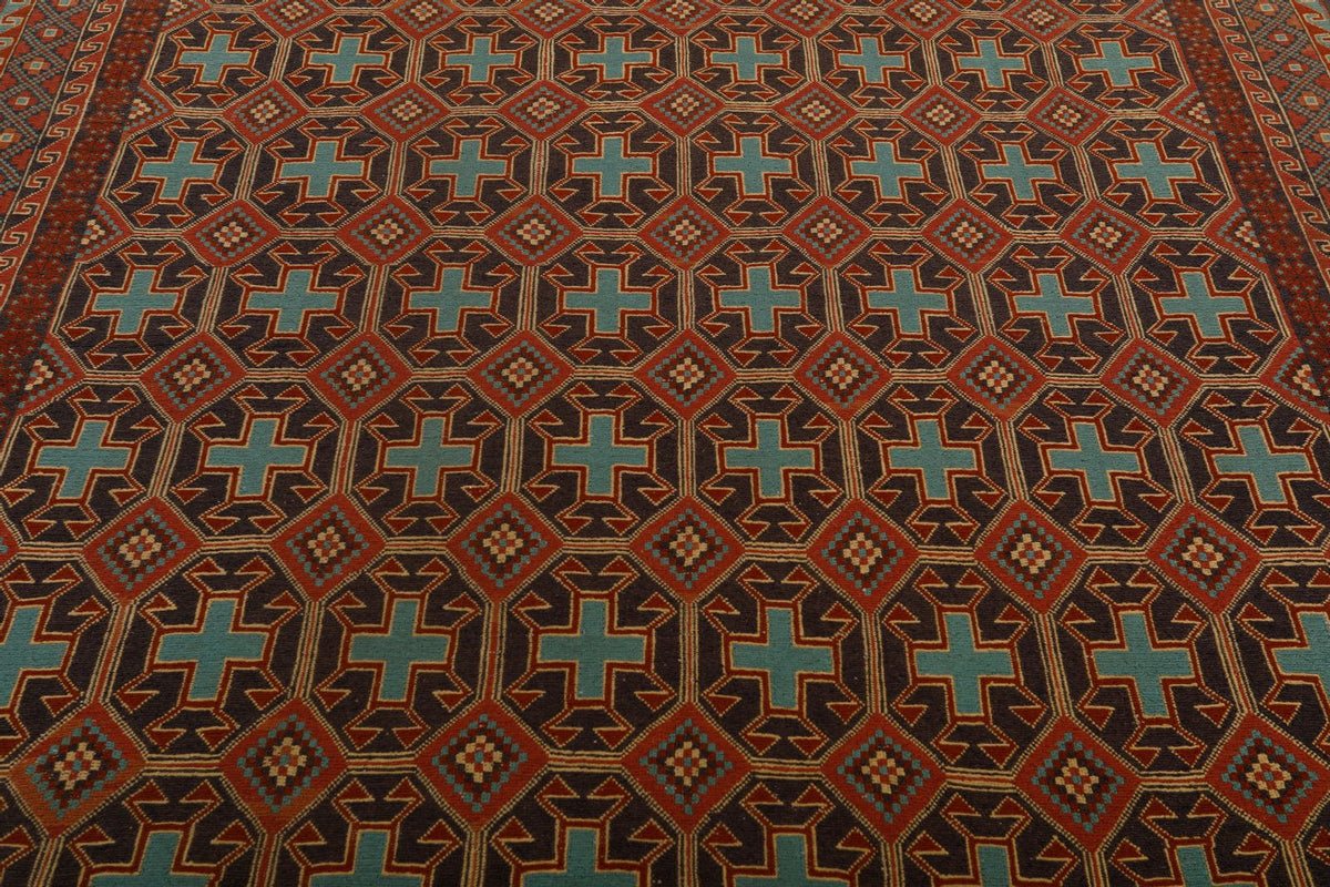 7x9 Brown and Red Turkish Patchwork Rug