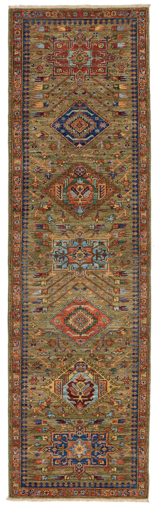 3x10 Green and Multicolor Anatolian Traditional Runner