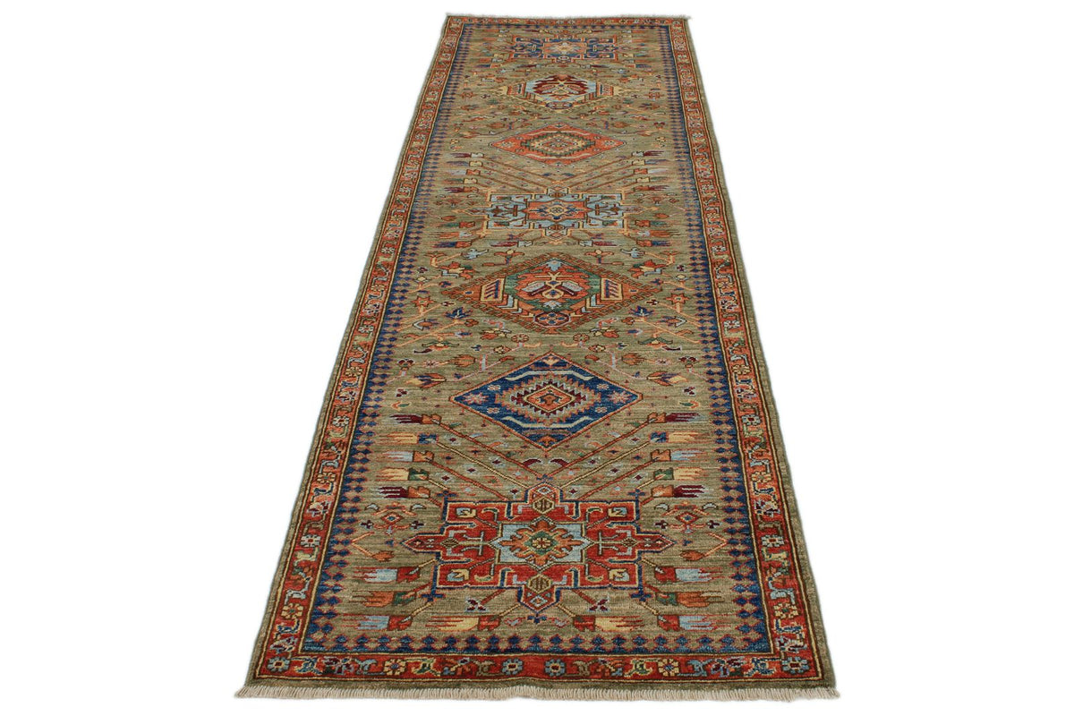 3x10 Green and Multicolor Anatolian Traditional Runner