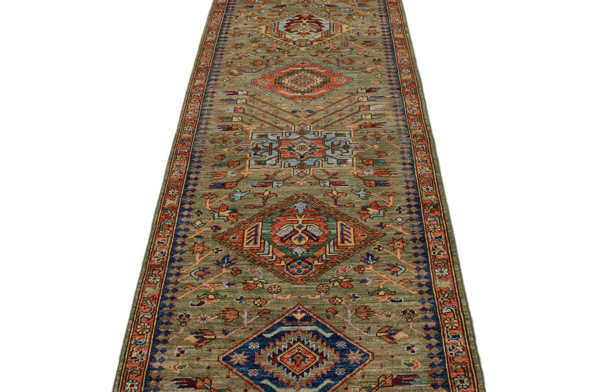 3x10 Green and Multicolor Anatolian Traditional Runner