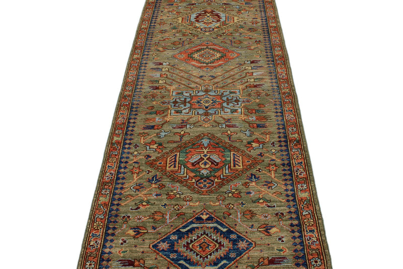 3x10 Green and Multicolor Anatolian Traditional Runner