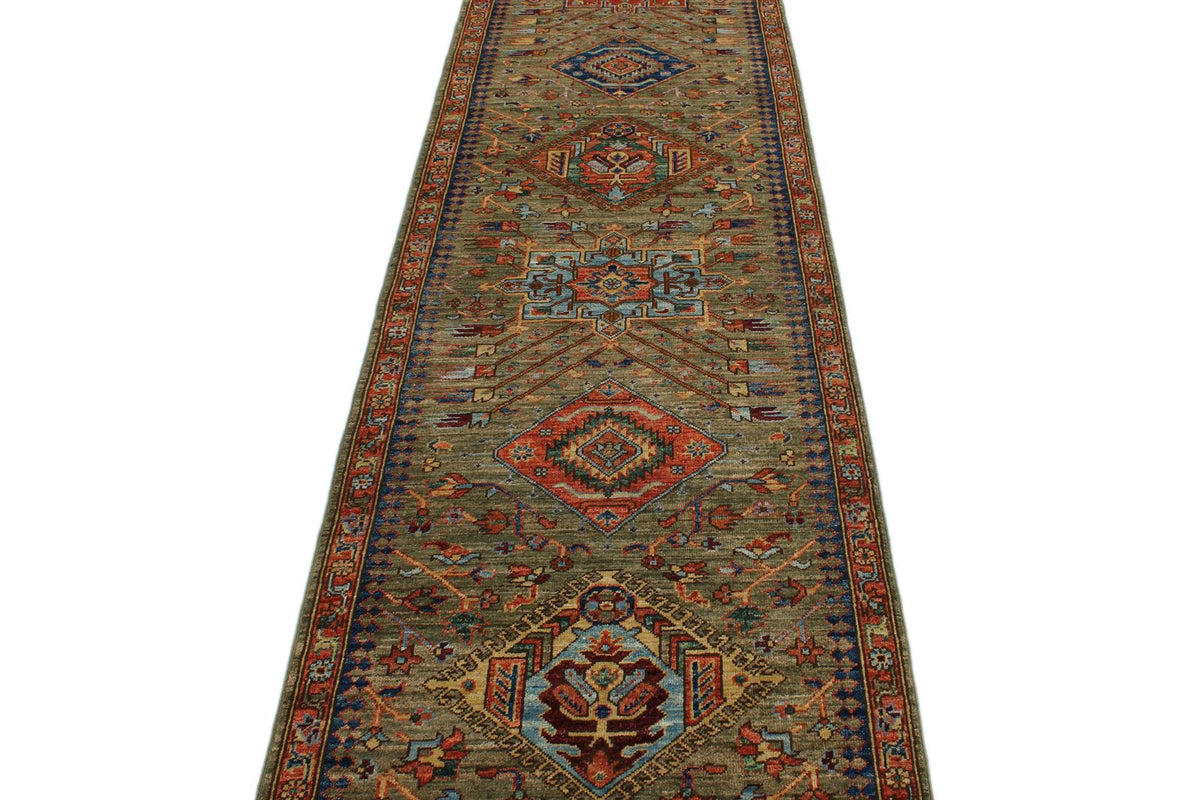 3x10 Green and Multicolor Anatolian Traditional Runner